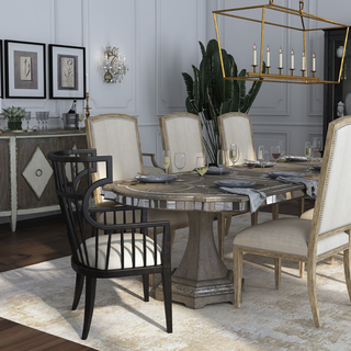 A close image of a dining table and chair.