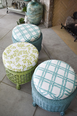 Three colourful blue and green ottomans