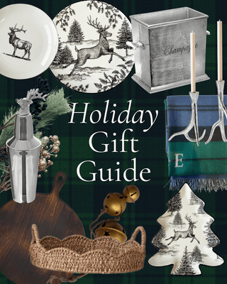 Collage of holiday-themed decorative items with text 'Holiday Gift Guide' on a dark green background.